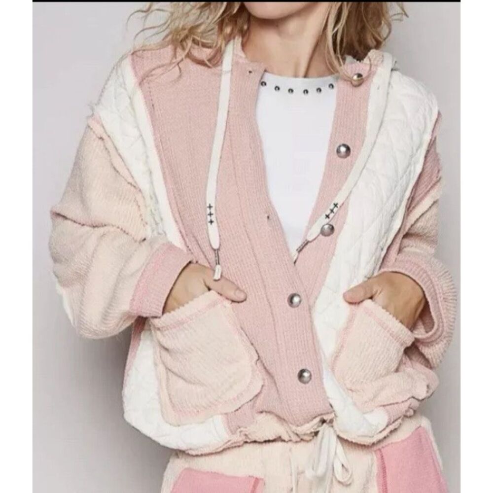 POL Mixed Fabric Hooded Button Down Shacket in Pink/Beige Sz L